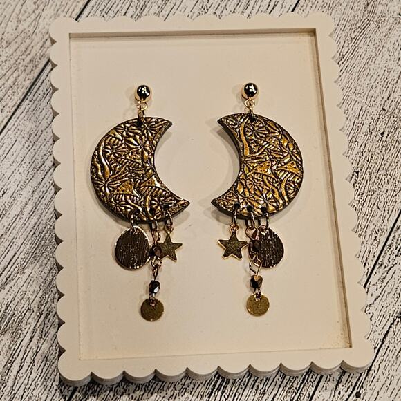 Moon Dangle Earrings Mushroom Embossed Boho Cottagecore Witchy Polymer Clay - Picture 2 of 5